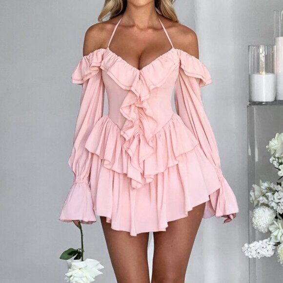 Pants - Pink Sexy Women's Ruffled Bodycon Halter Top Jumpsuit
